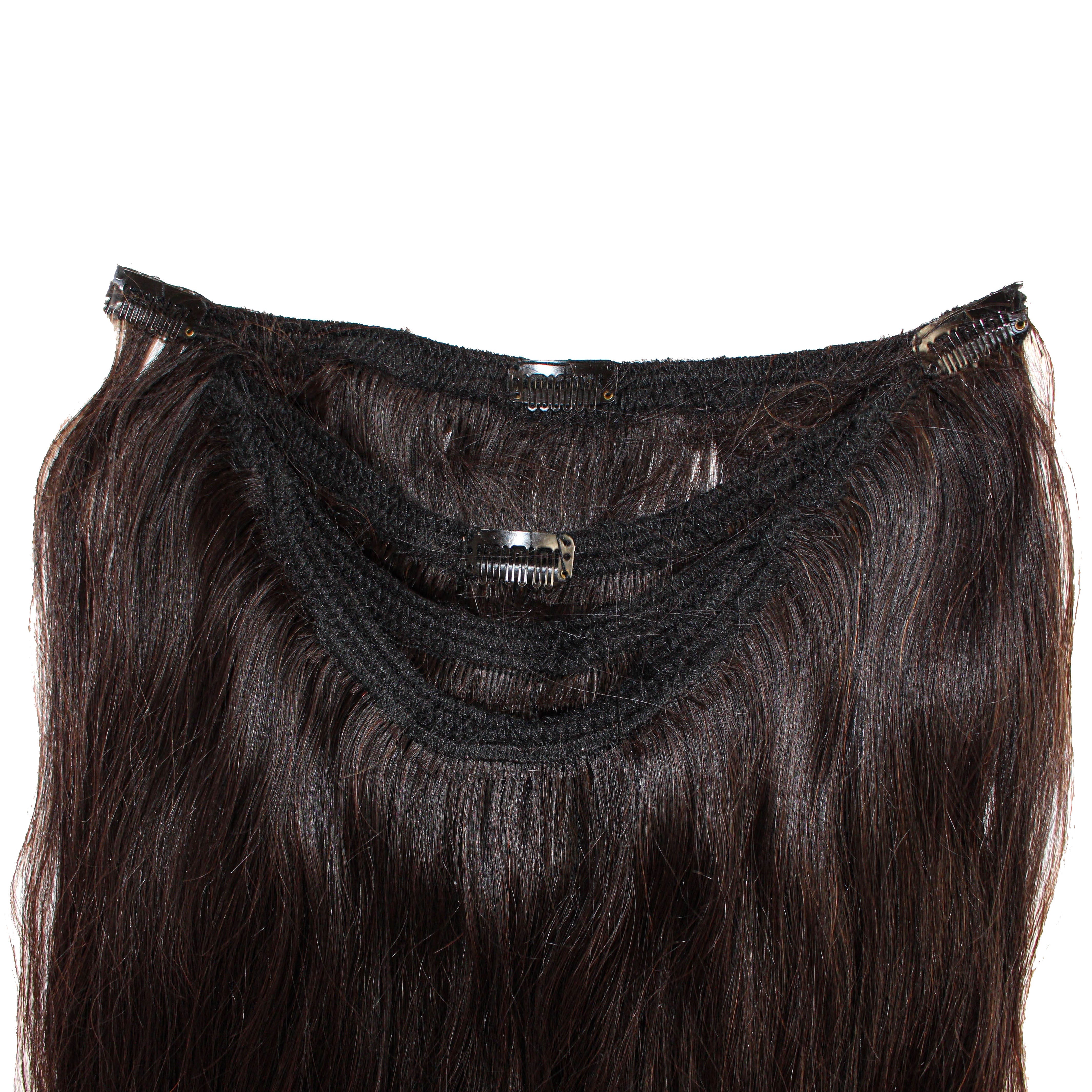 Clip-ins hair extension piece. Natural color hair wefted with four clips. 