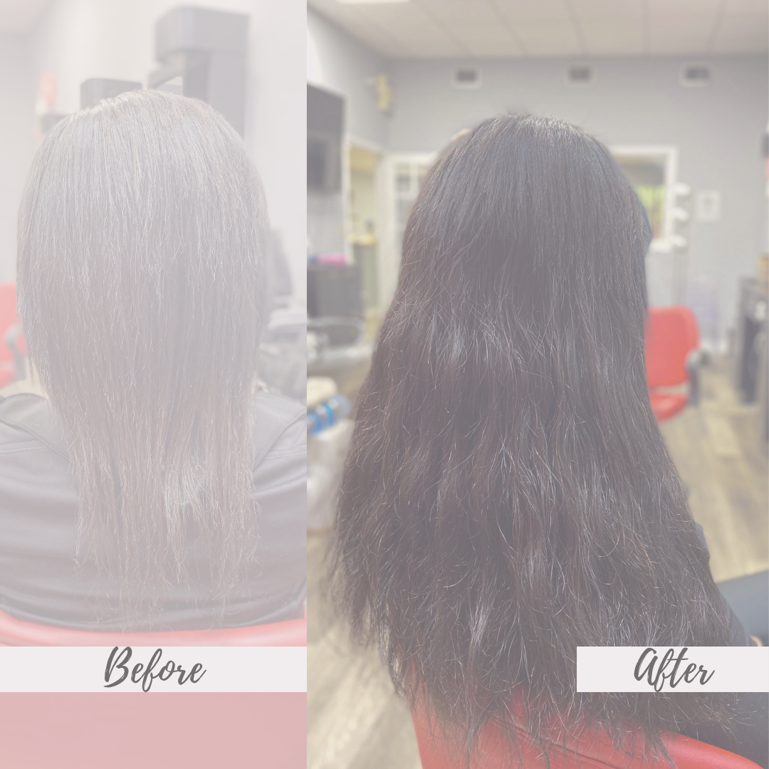 Before and after hair transformation. Woman with short hair, on the left, and woman with long hair extensions, on the right side.